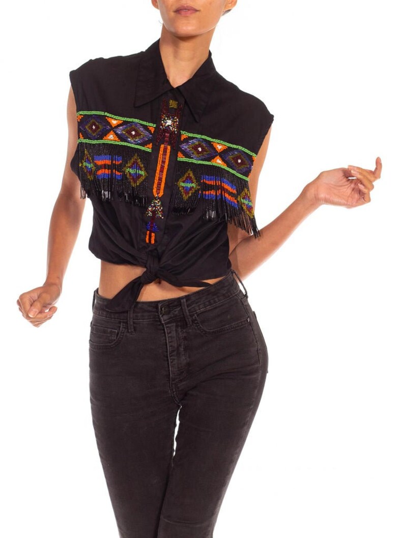 1970S Black Beaded Cotton Top image 6