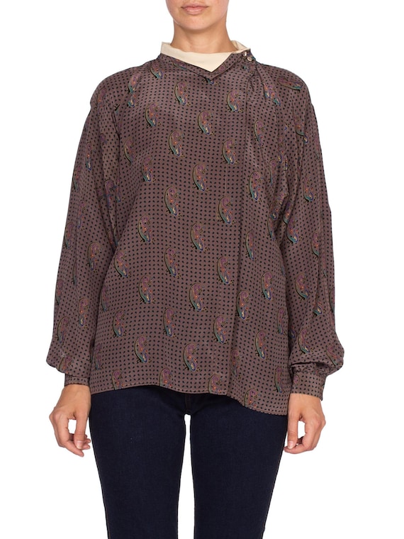 1970'S GUCCI Paisley Silk Blouse With Metallic Gol