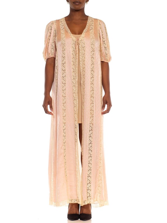 1970S Peach  Cream Silk Lace Duster - image 1