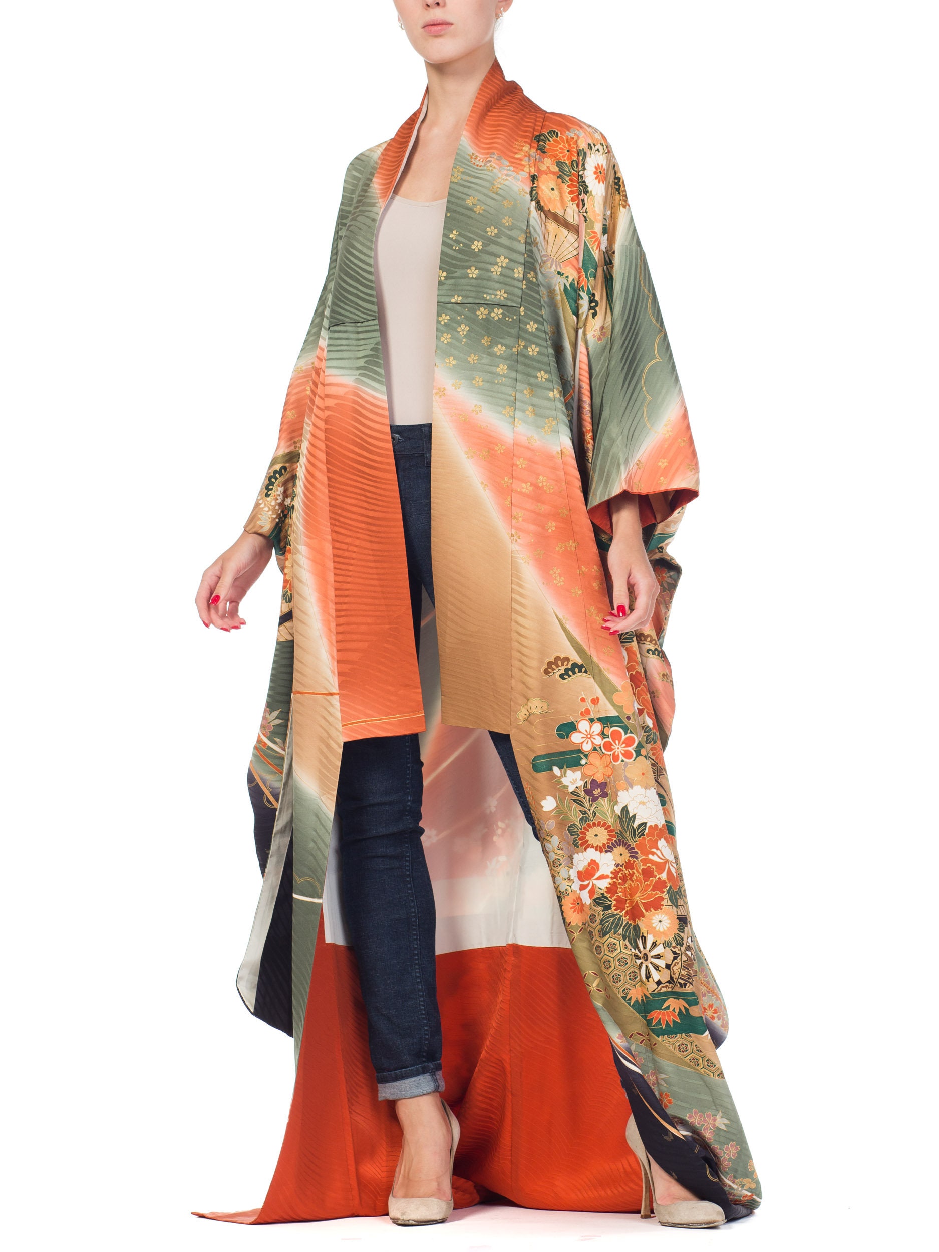 Japanesesilk Kimono With Ombré & Gold Details Size M Etsy