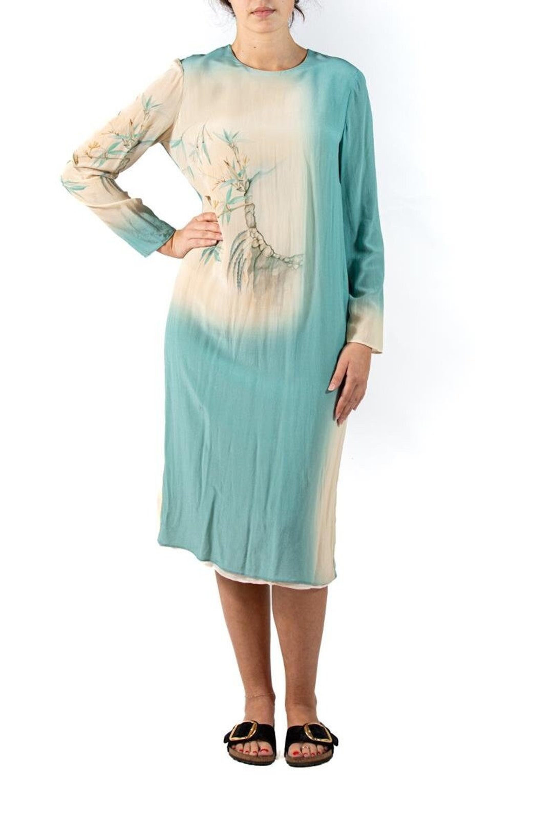 1990S Valentino Seafoam Green Cream Silk Crepe De Chine Asian