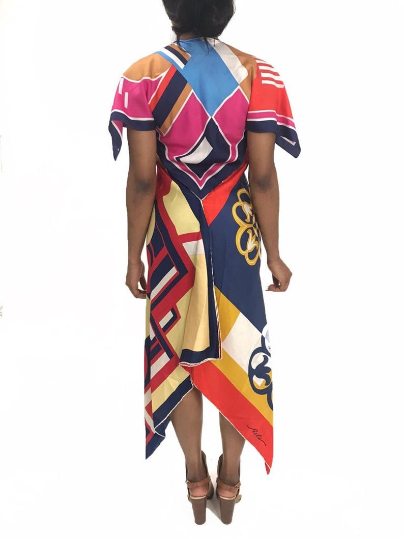 MORPHEW COLLECTION Pink & Blue Silk Poly Bias Cut Scarf Kaftan Dress Made From 1970'S Geometric Scarves image 4
