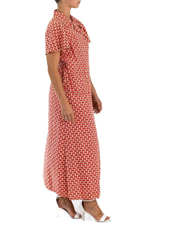 1940S Red Cotton Yellow Dot Print Wrap House Dress - image 3