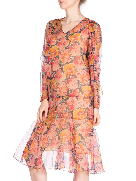 1920S Silk Chiffon Long Sleeve Tropical Floral Dr… - image 5