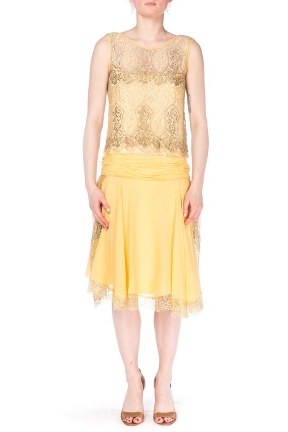 1920S Yellow Silk Chiffon & Silver Lamé Lace Flapp