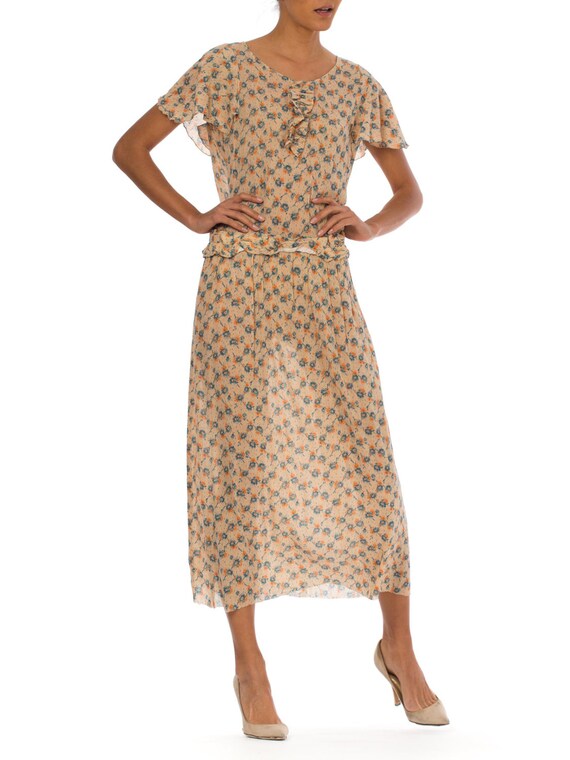 1930S Ecru With Blue & Orange Silk Crepe Straight