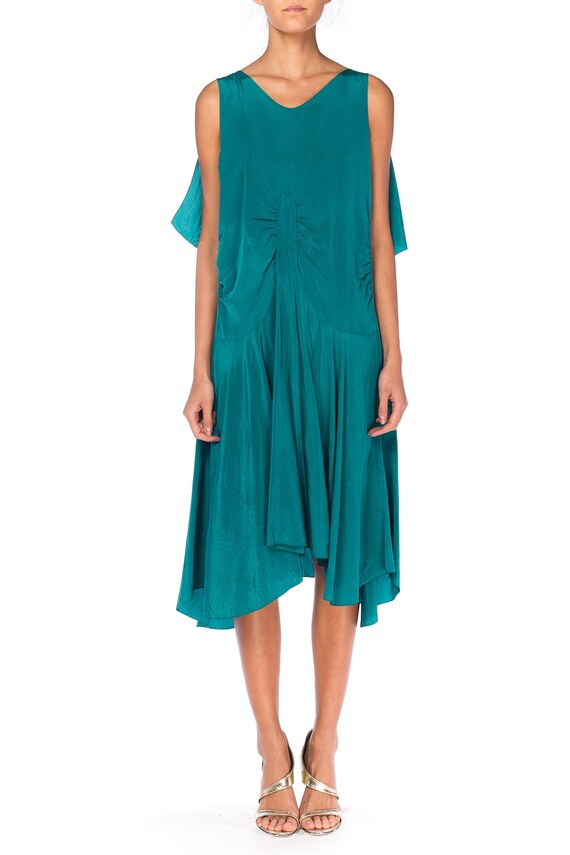 1920S Teal Silk Charmeuse Cocktail Dress With Bia