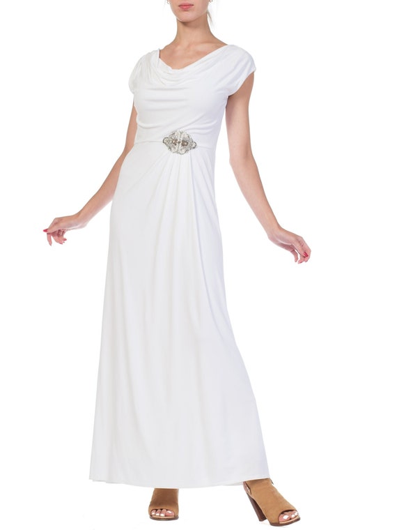 1970S White Polyester Jersey Draped Grecian Goddes