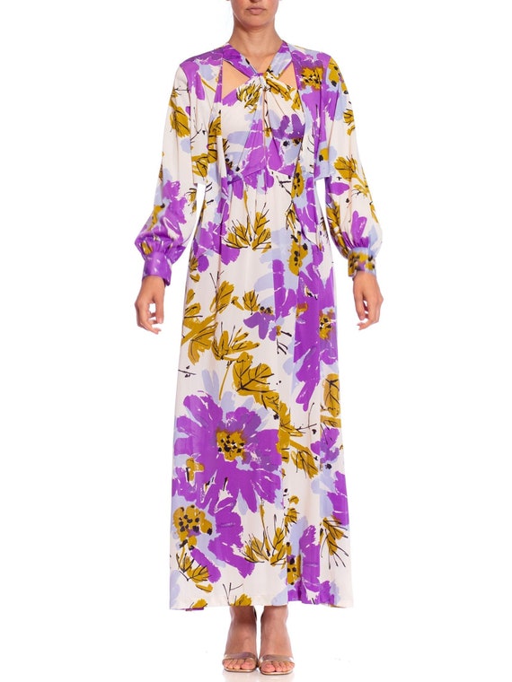 1970S Vera Purple Floral Nylon Tricot Jersey Slip… - image 1
