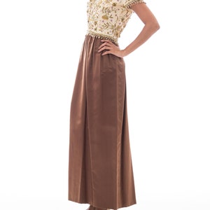 1950S BALENCIAGA Style Ivory & Brown Silk Duchess Satin Gown With Elaborate Gold Metalwork Embroidery Crystal Beading image 7