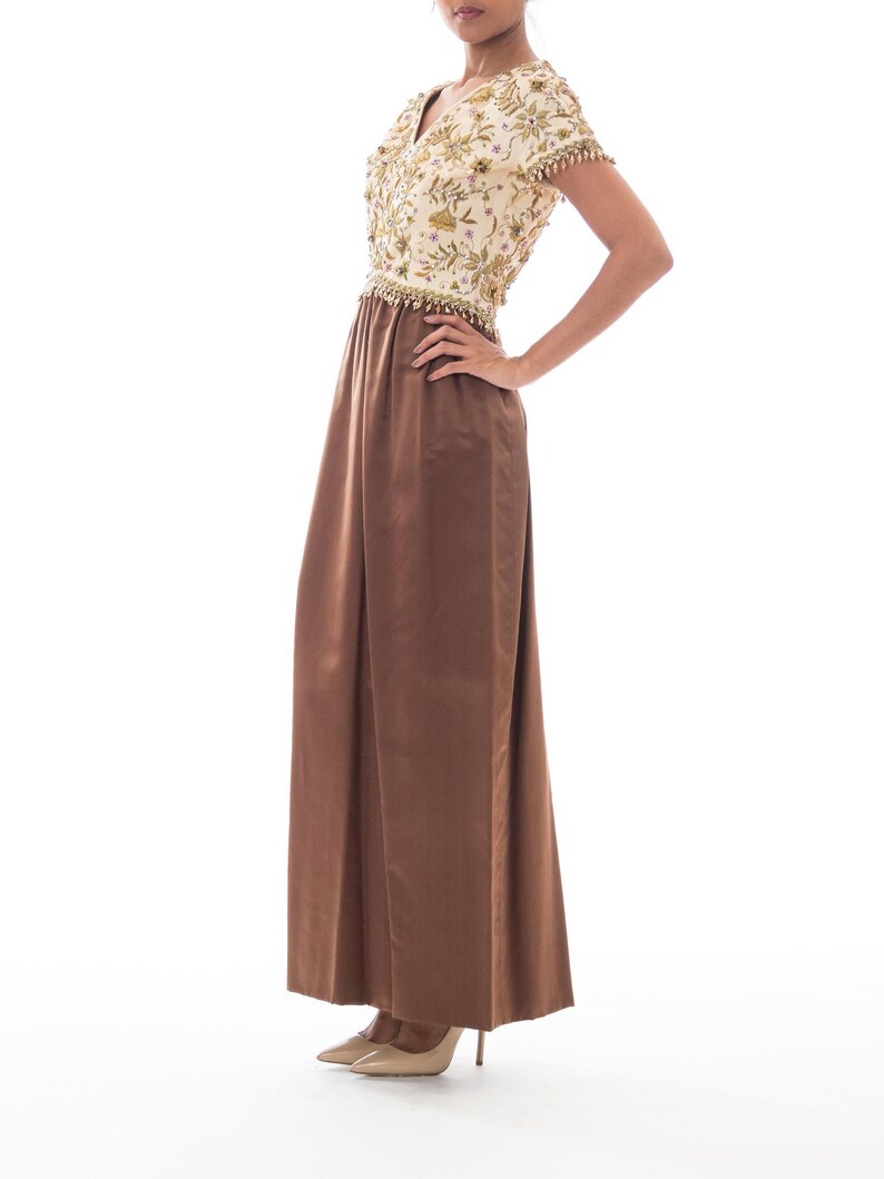 1950S BALENCIAGA Style Ivory & Brown Silk Duchess Satin Gown With Elaborate Gold Metalwork Embroidery Crystal Beading image 7