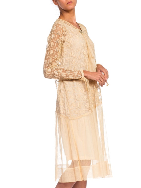 1920S  Beige Cotton Embroidered Tulle & Lace Flap… - image 2