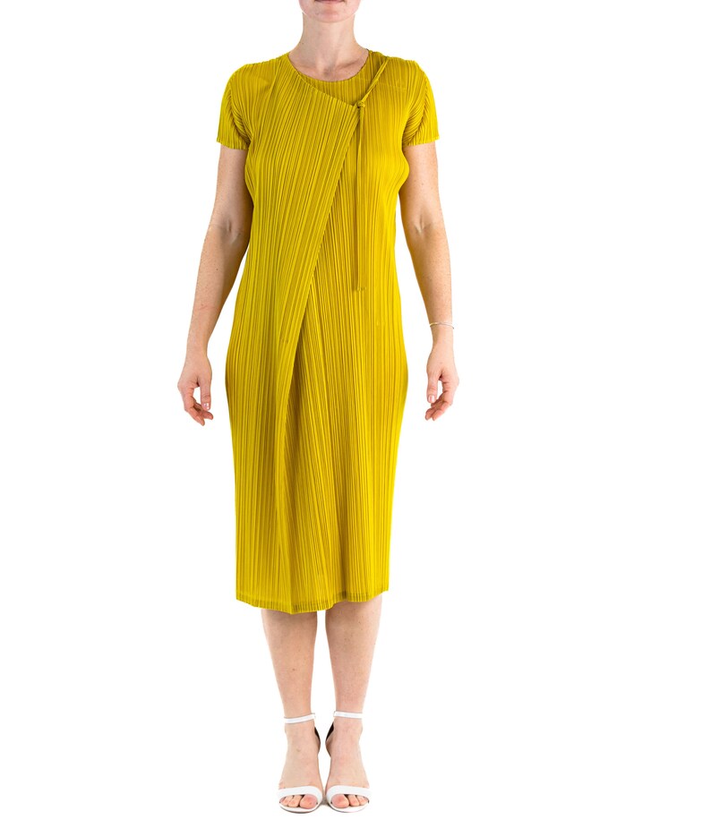 1990S Pleats Please Issey Miyake Mustard Yellow Polyester Wrap Dress image 2