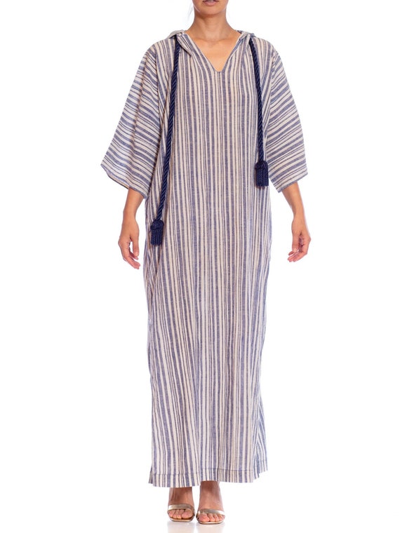 1970S Blue  White Striped Cotton Hodded Kaftan