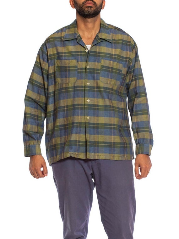 1950S Blue Green Cotton Rare Xl Men's Long Sleeve