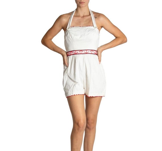 1950S Red White & Blue Nautical Cotton Romper - image 1