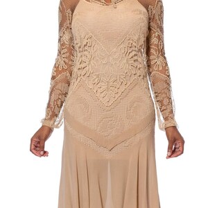 1920S Beige Handmade Lace Silk Chiffon Dress With Long Sleeves image 2