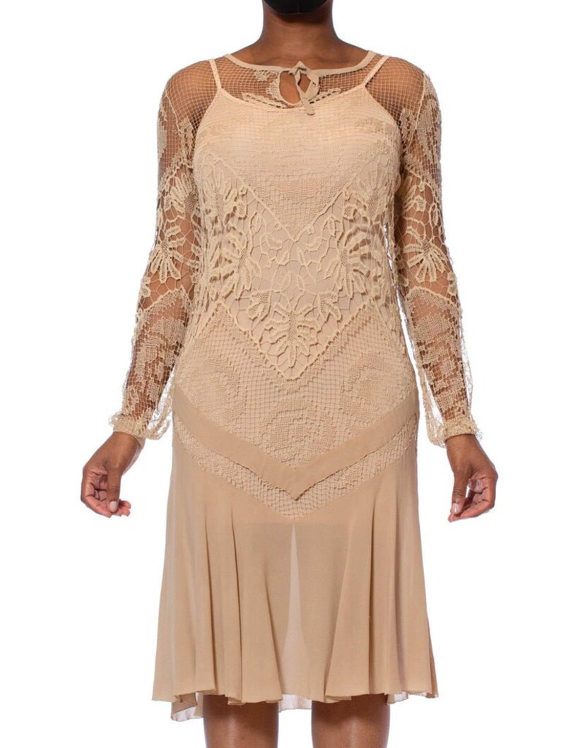 1920S Beige Handmade Lace Silk Chiffon Dress With Long Sleeves image 2