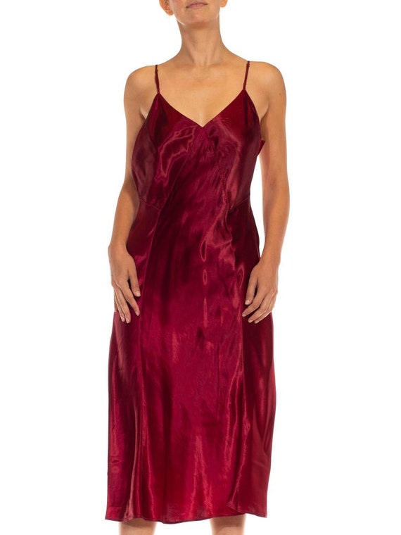 1930S Ruby Red Rayon Satin Bias Cut Slip Dress - image 9