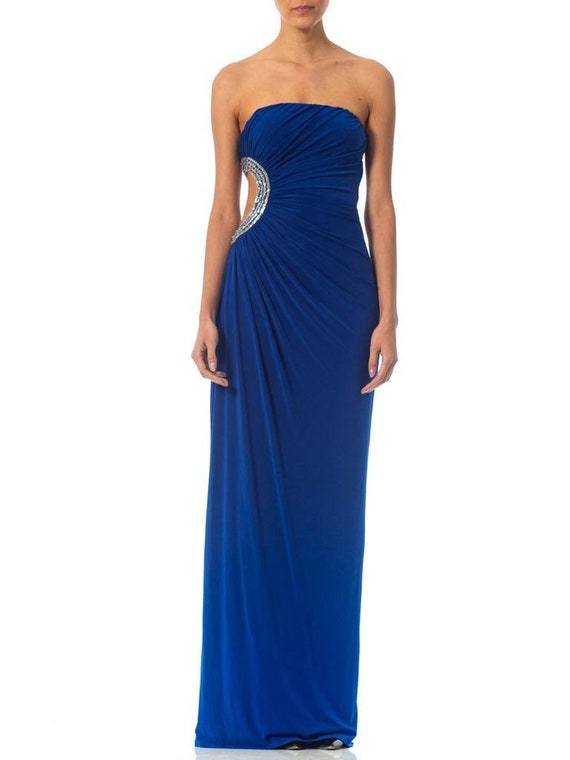1990S Cobalt Blue Strapless Poly Blend Jersey Gown With Crystal Cut-Out Side 1990S Cobalt Blue Strapless Poly Blend Jersey Gown With Crystal Cut-Out Side
