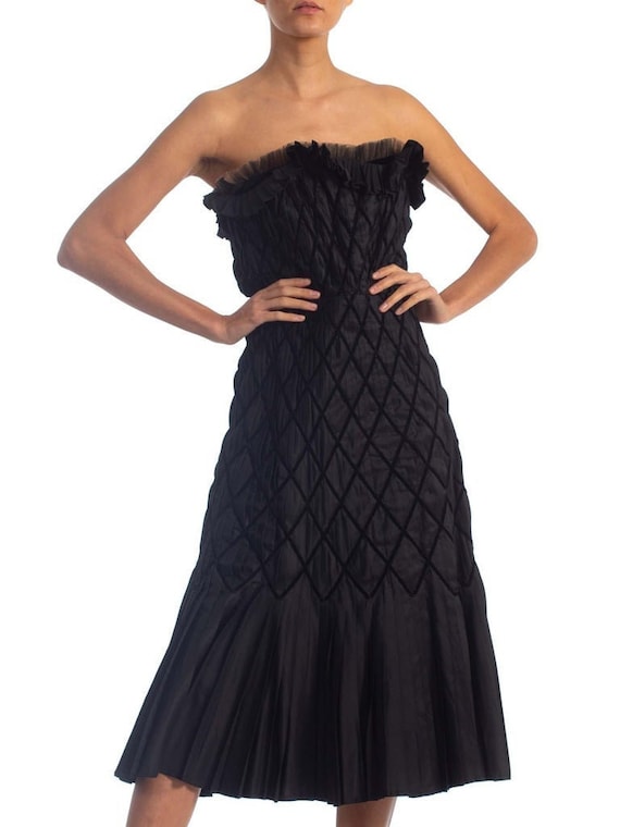 1950S Black Strapless Silk Taffeta Dress Pleated … - image 1