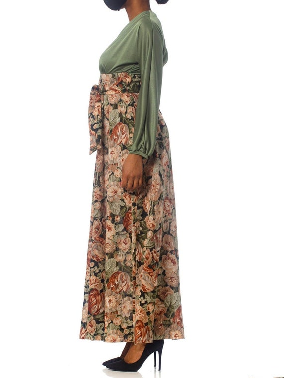 1970S Olive Green Floral Polyester Maxi Dress Wit… - image 2