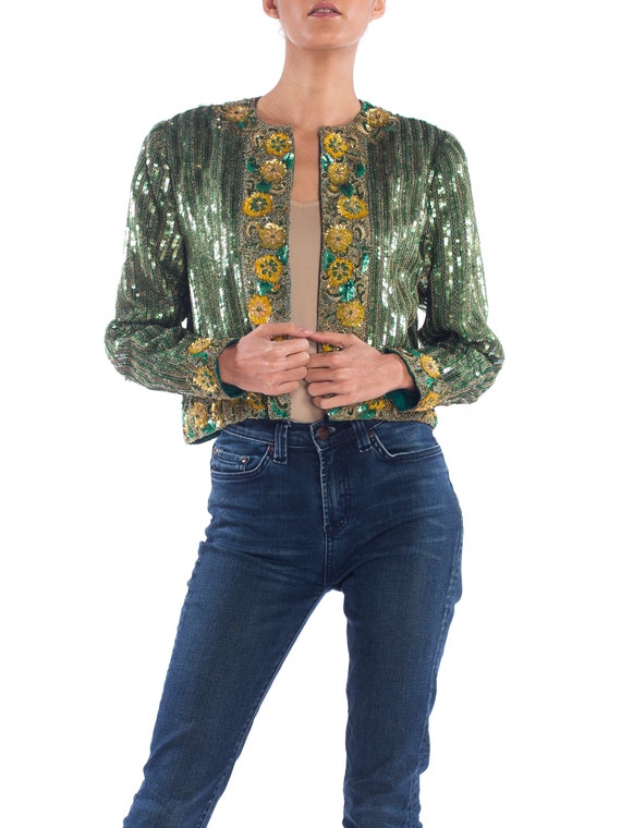 1980S RICHILENE Emerald Green Silk Jacket Beaded W