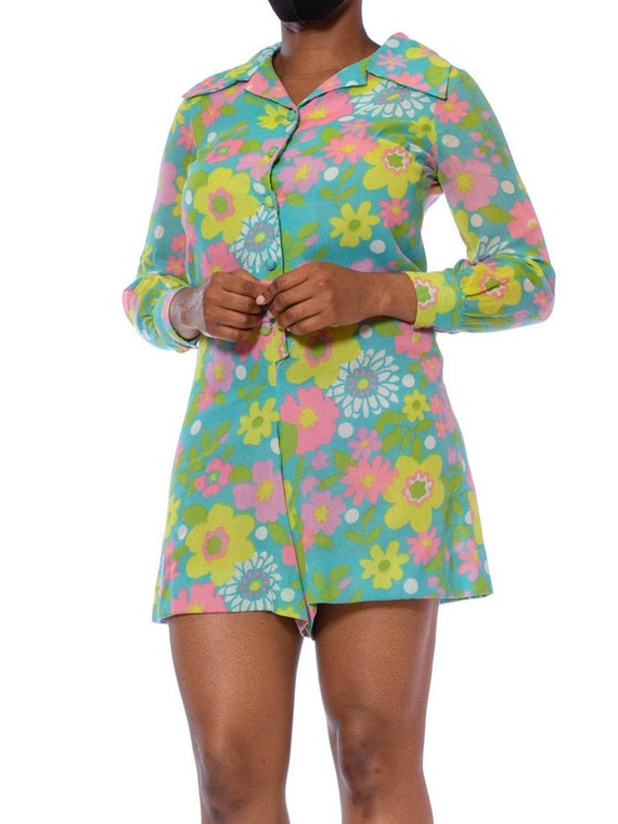 1960S Aqua Blue Floral Cotton Voile Mod Romper - image 7