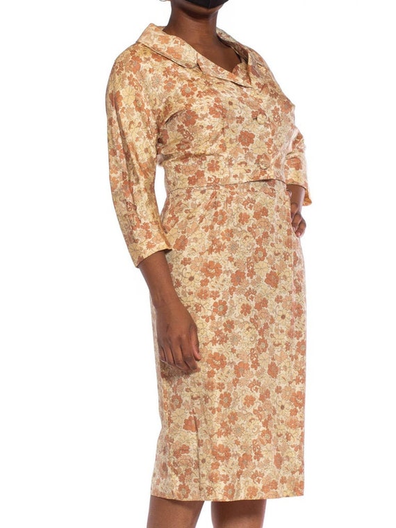 1950S Beige  Brown Silk Indian Floral Print Dress… - image 9