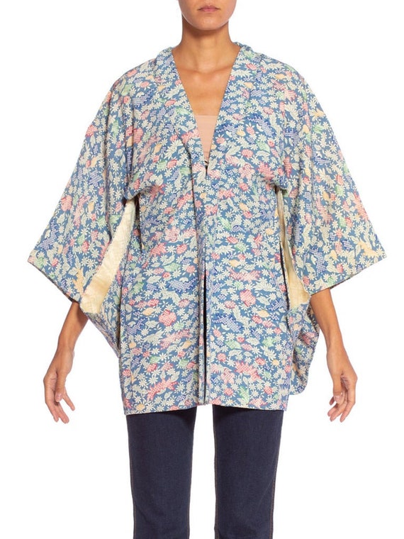 1940'S Baby Blue Floral Silk Handmade Kimono - image 2