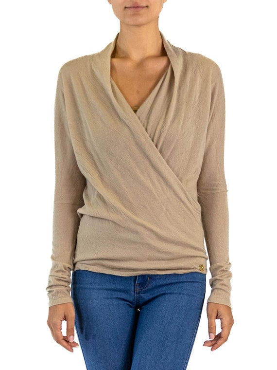Tom Ford, 2000S Tom Ford Gucci Biege Cashmere Textural Knit Low Cut Sweater