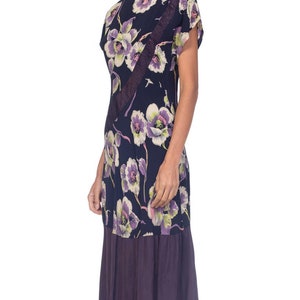 1940S Navy, Lime Green & Purple Rayon Floral Printed Dress With Taffeta Hem image 4