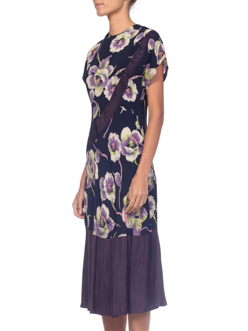 1940S Navy, Lime Green & Purple Rayon Floral Printed Dress With Taffeta Hem image 4