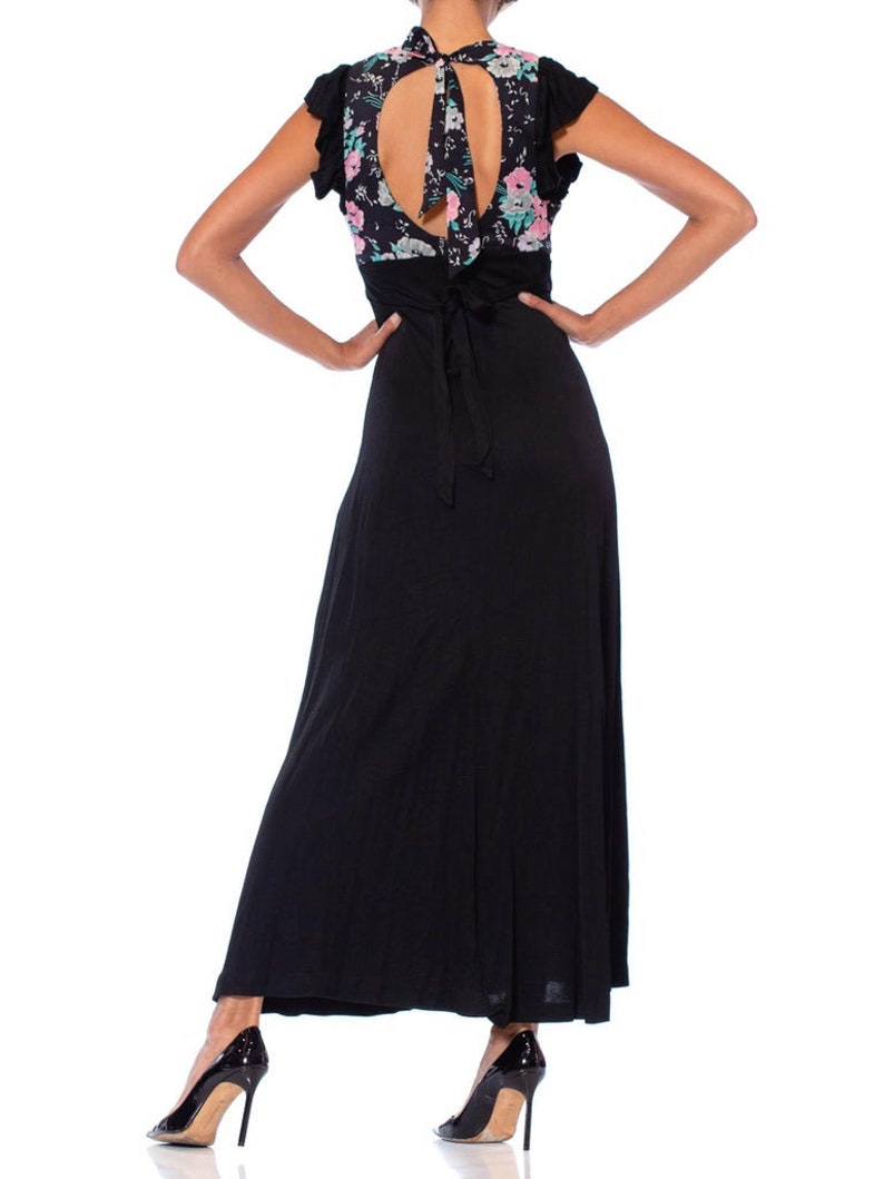 1970S Black Floral Poly Blend Jersey Ruffled Maxi Dress With Tie Belt image 5