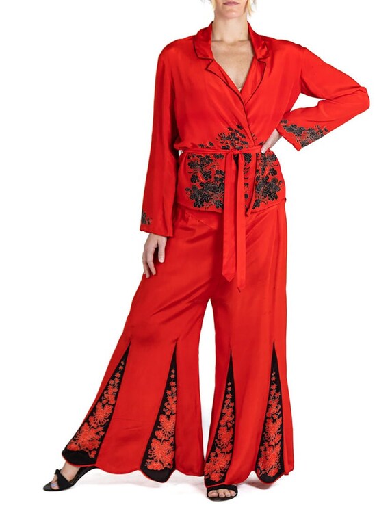 1920S Cherry Red Blossom Silk Pajamas Gem