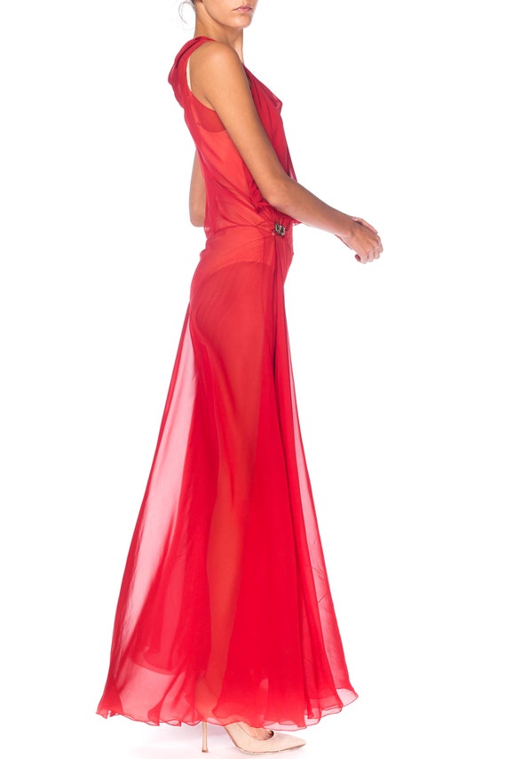 1930S Red Sheer Silk Chiffon Bias-Cut Gown With D… - image 5