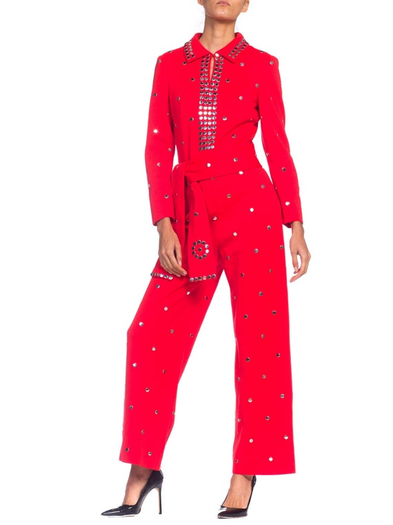 1970S Wool Knit Bright Crimson Metal Studded Disco