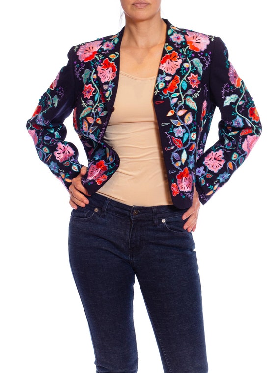 1990s Black Cotton Jacket with Pink and Purple em… - image 10