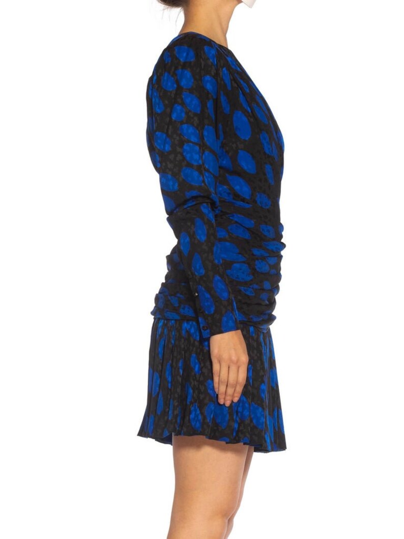 1980S Givenchy Black Blue Haute Couture Silk Jacquard Draped Cocktail Dress With Sleeves image 4