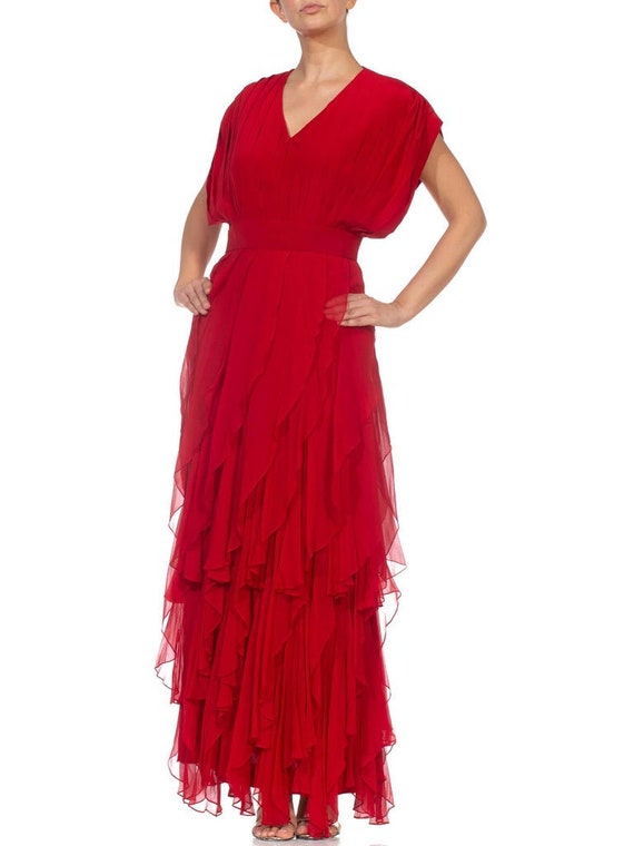 1980S Red Silk Chiffon Pleated Bodice Gown With B… - image 5