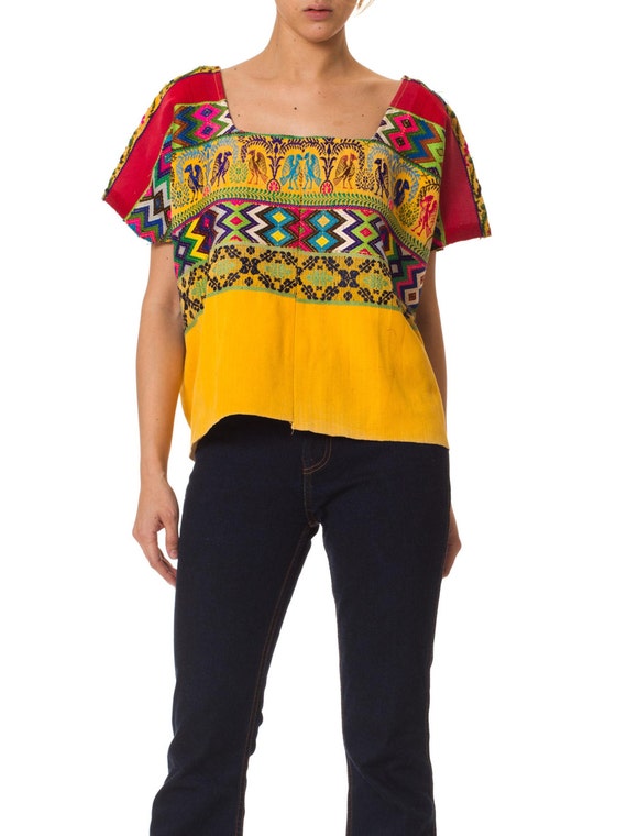 1970S Red & Yellow Cotton Top With Geometric Ethni