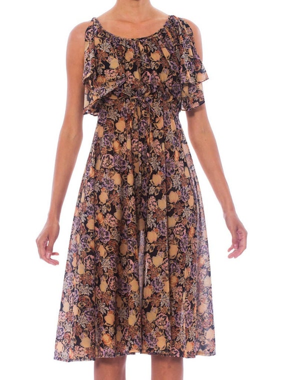 1970S Multicolor Floral Polyester Ruffle Sleeve Dr