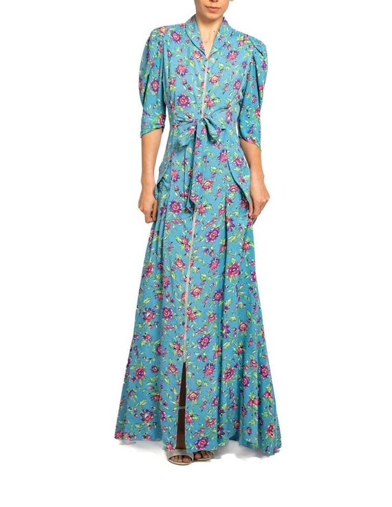 1940S Blue & Pink Floral Cold Rayon Zipper Front … - image 7