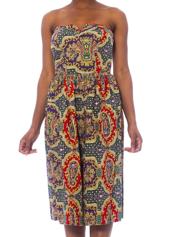 1950S Cotton Indian Paisley Strapless Dress