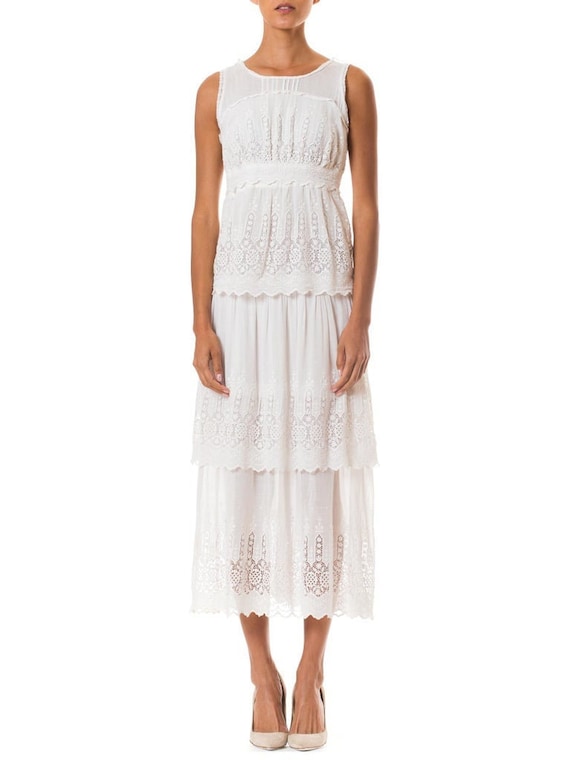 Edwardian White Cotton Embroidered Lace 3 Tiered Skirt Dress