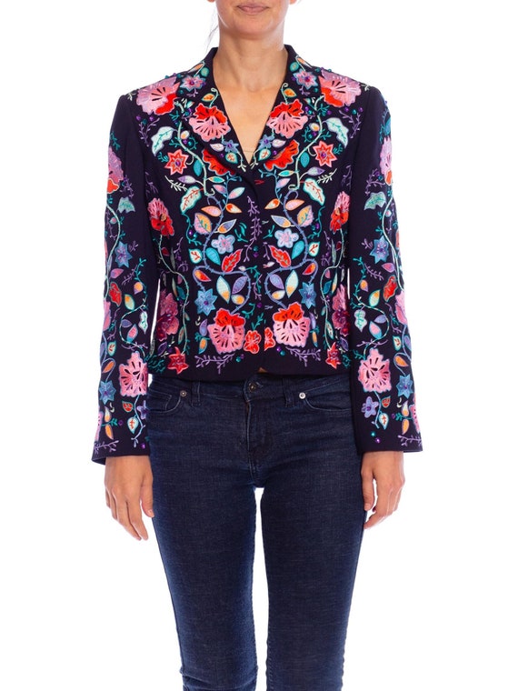 1990s Black Cotton Jacket with Pink and Purple em… - image 1