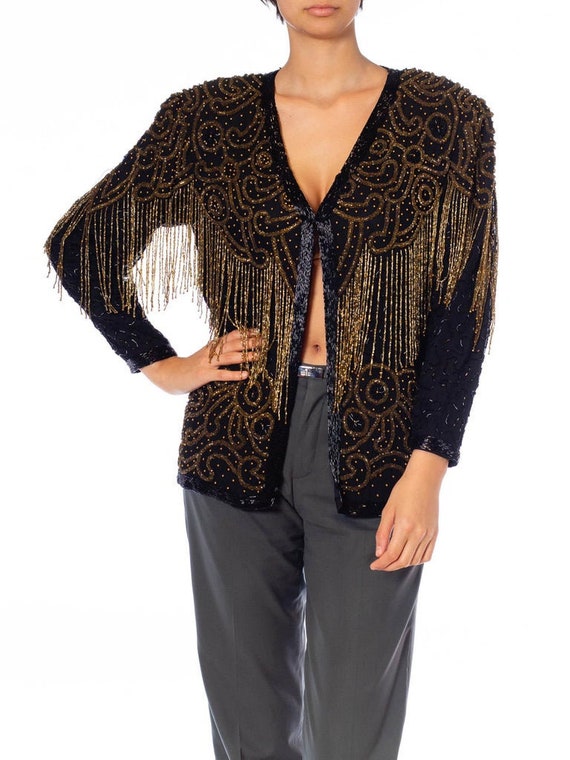 1980S Black  Gold Silk Beaded Fringe Jacket - image 6