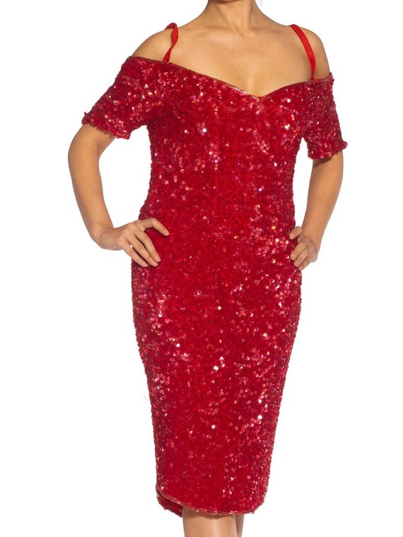 1980S Red Silk Sequin Encrusted Cocktail Dress - image 8