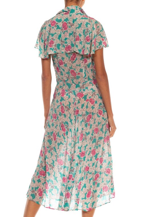 1940S Teal  White Floral Print Rayon Chiffon Dress - image 7