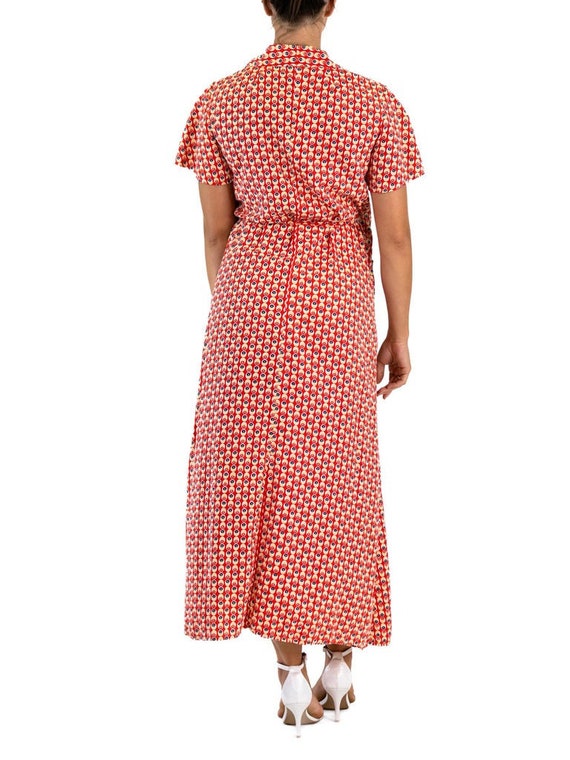 1940S Red Cotton Yellow Dot Print Wrap House Dress - image 8